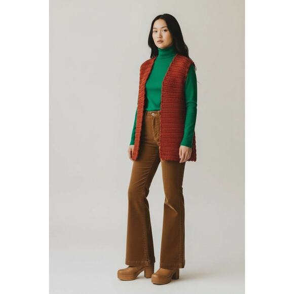 American Vintage Sweaters - Vintage Women’s Grandmacore Hand Knit Open Cardigan Vest Orange Cozy Fall L